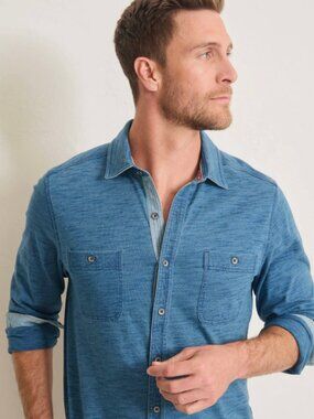 Tommy Bahama Mens Indigo Harbor Slub Cotton Button-Up Shirt  - Large